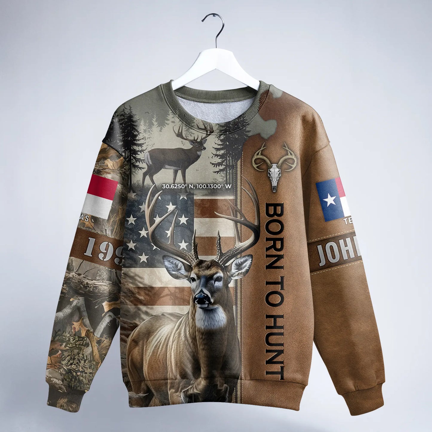 Born to Hunt: Personalized Deer Hunting Sweatshirt with Coordinates and State Flag - The Deerly