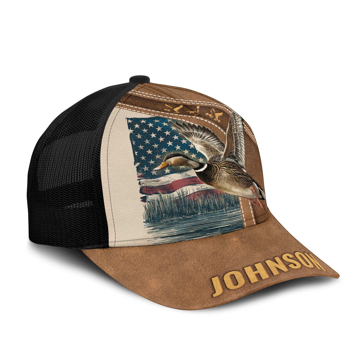 Personalized Duck Hunting American Flag Mesh Trucker Cap - The Deerly