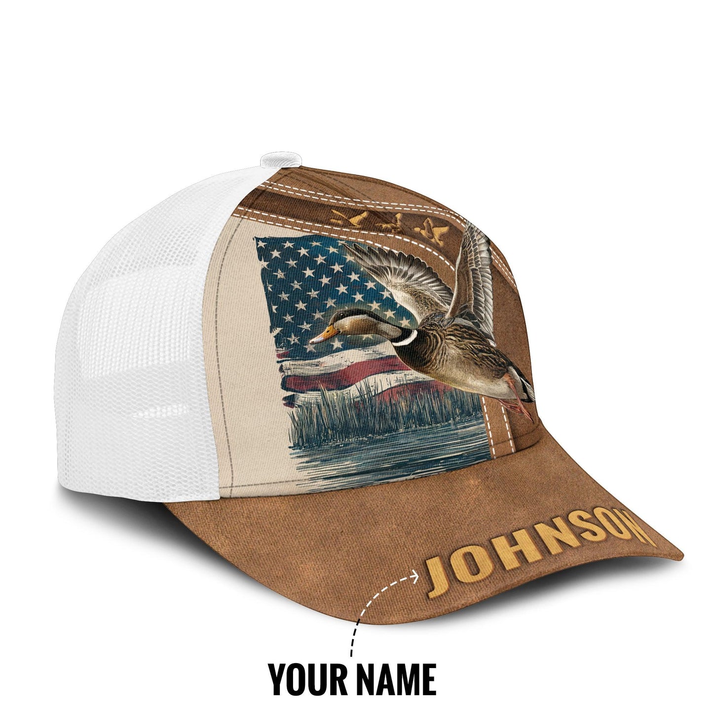 Personalized Duck Hunting American Flag Mesh Trucker Cap - The Deerly