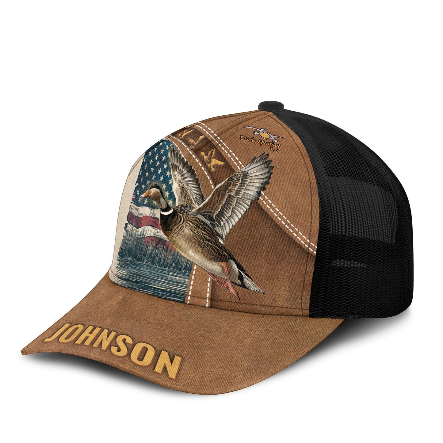 Personalized Duck Hunting American Flag Mesh Trucker Cap - The Deerly