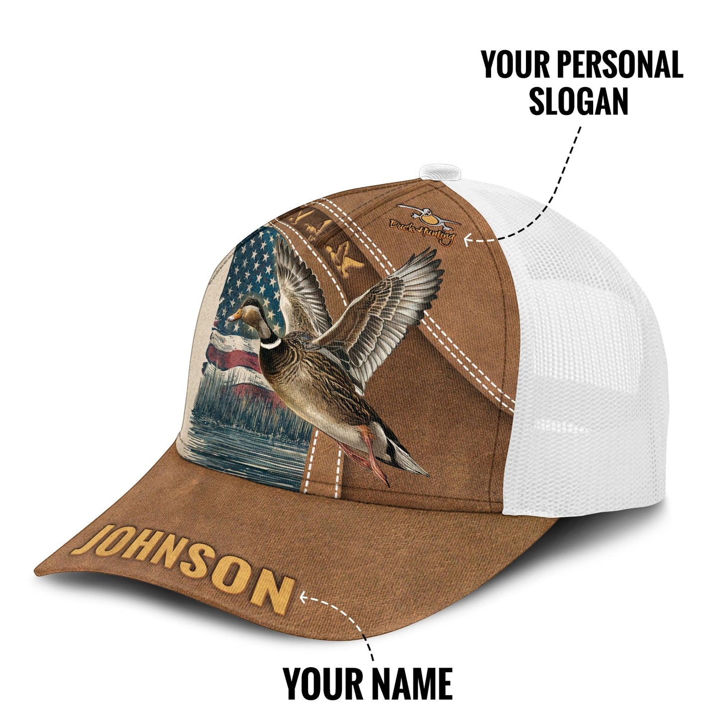 Personalized Duck Hunting American Flag Mesh Trucker Cap - The Deerly