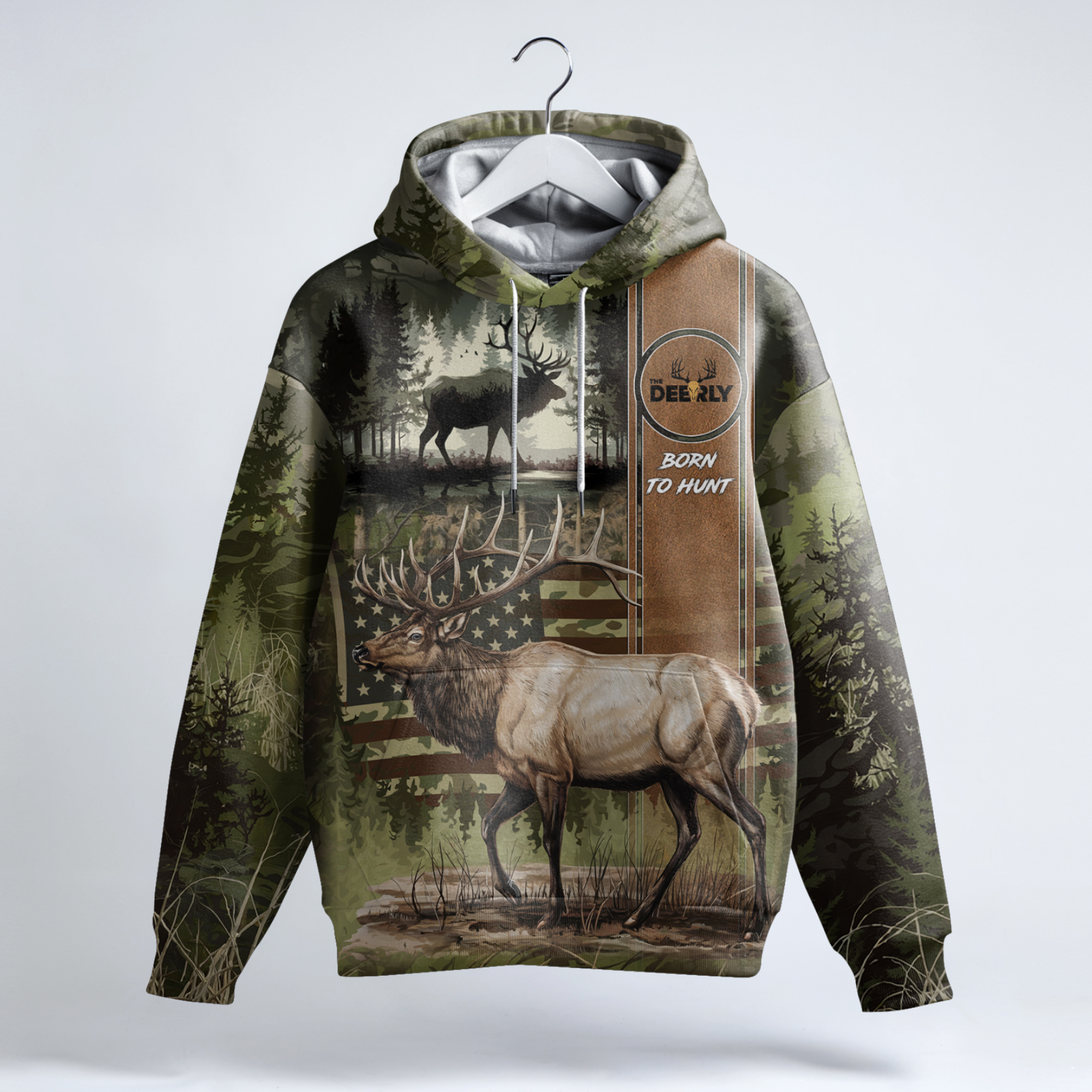 Catboroz Hipster Deer Hunting Hoodie - Unisex Zip-Up Sweatshirt, Hip Hop Style, Ghost Deer Hunter Design, Large Size