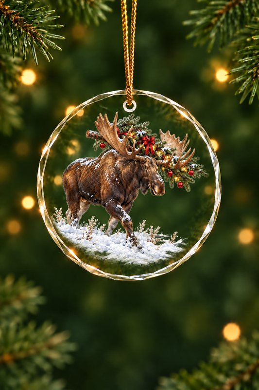 Bull Moose Brings the Tree - Glass Ornament