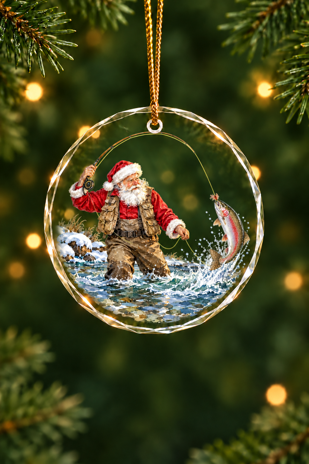 Santa's Cast on the Cold Stream - Glass Ornament