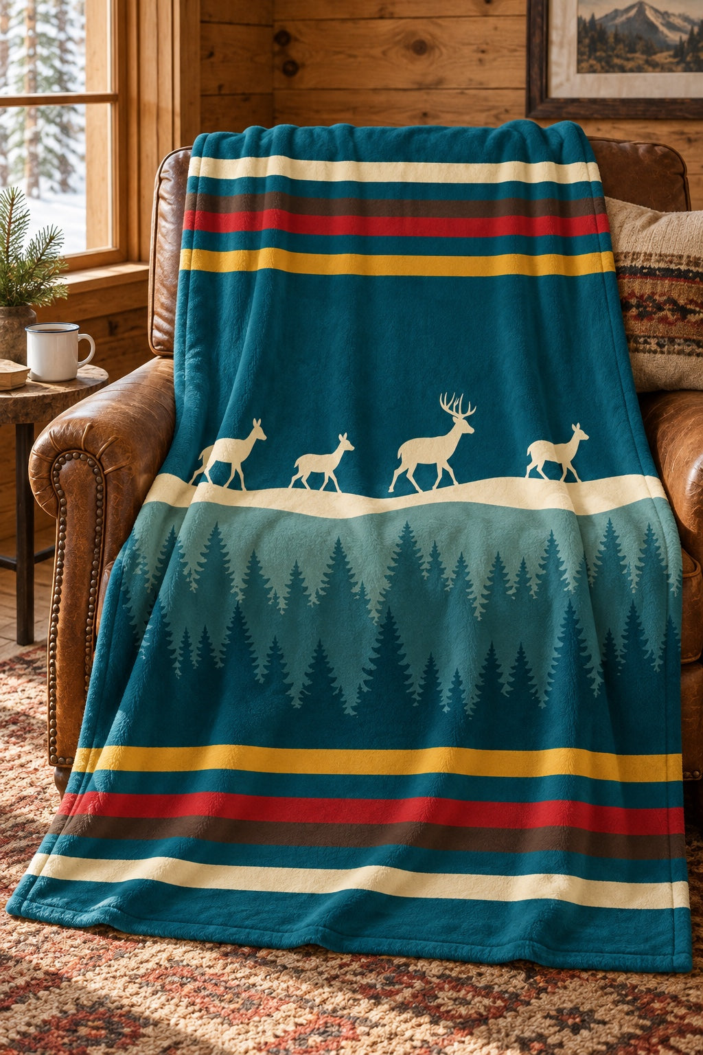 Teal Forest Whitetail Deer Fleece Throw