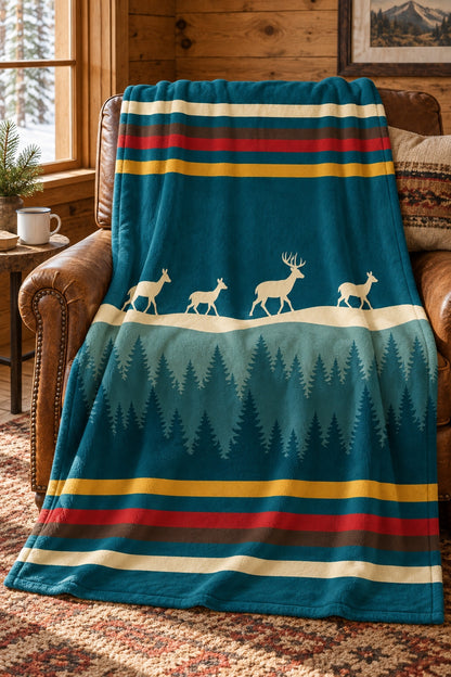 Teal Forest Whitetail Deer Fleece Throw
