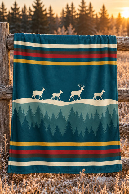 Teal Forest Whitetail Deer Fleece Throw