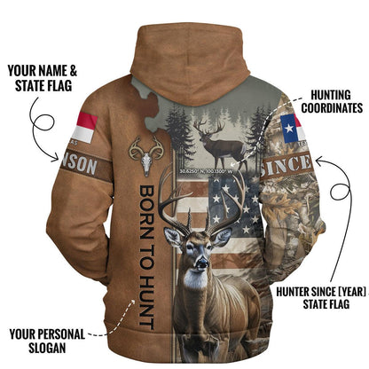 Born to Hunt: Personalized Deer Hunting Hoodie with Coordinates and State Flag - The Deerly