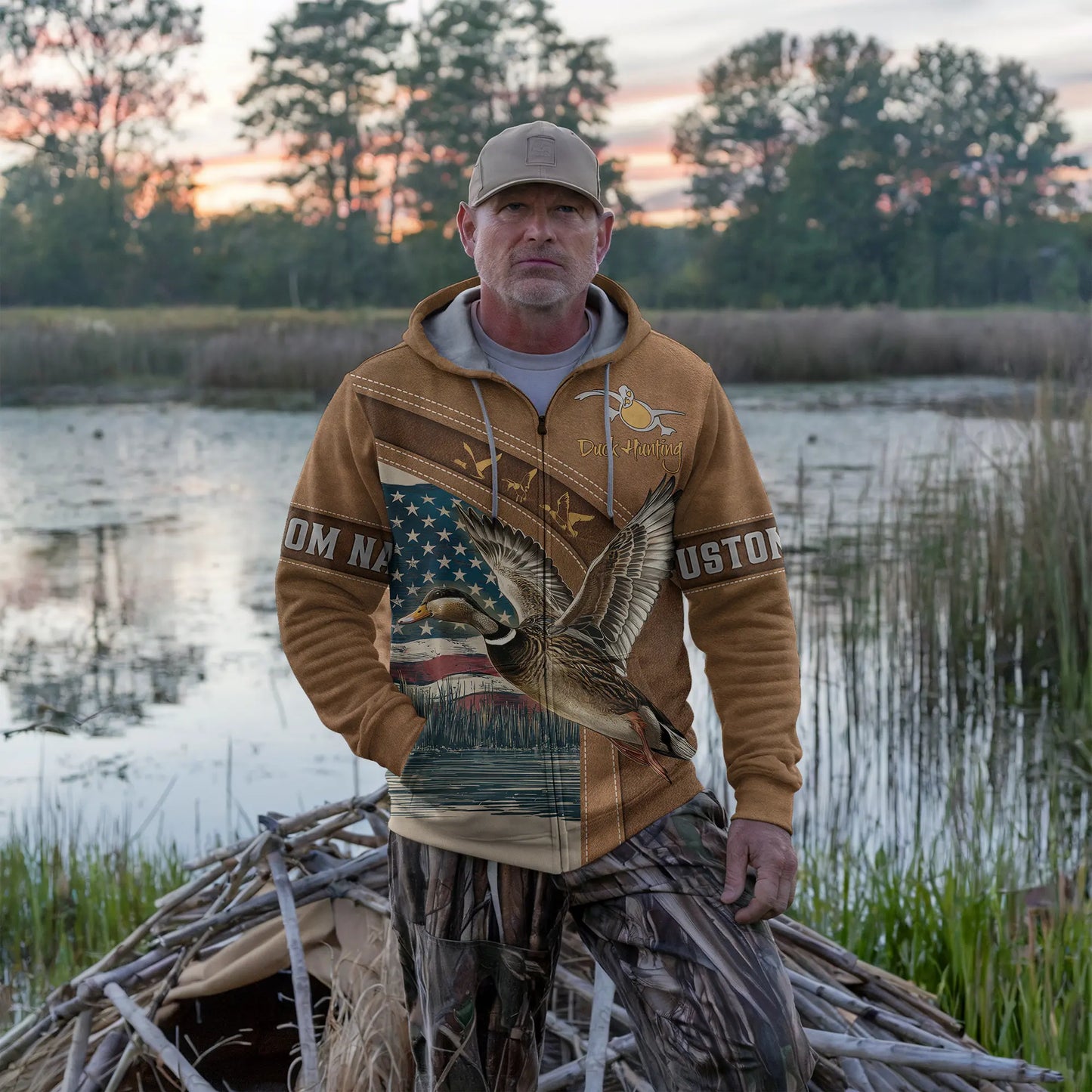 Patriotic Duck Hunting Zip Hoodie Personalized - The Deerly