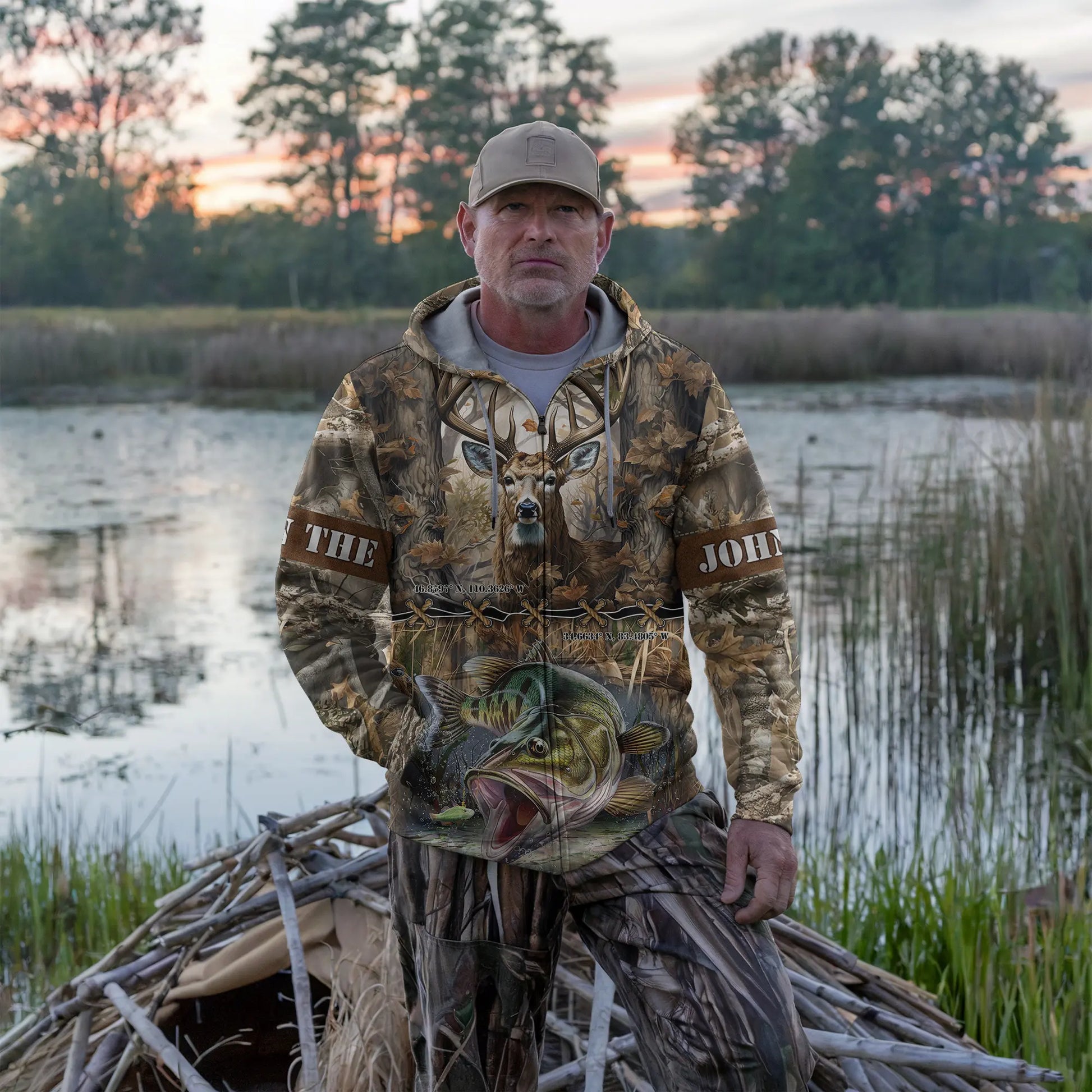 Dual Passion: Deer Hunting and Fishing Zip Hoodie Personalized - The Deerly