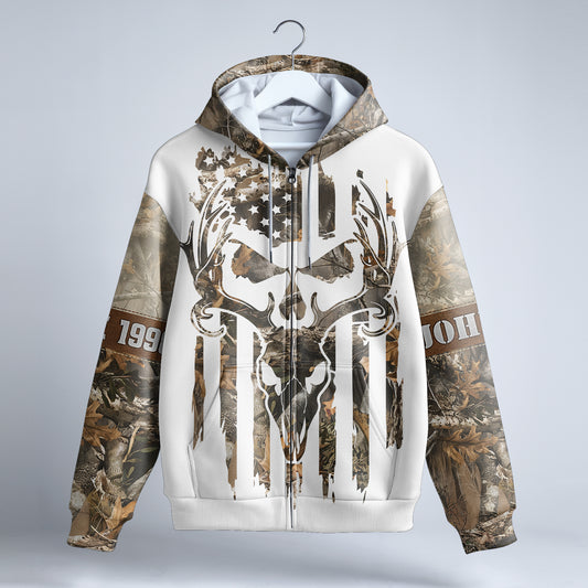 Personalized Deer Skull Camo Zip Hoodie - Born to Hunt US Flag Apparel