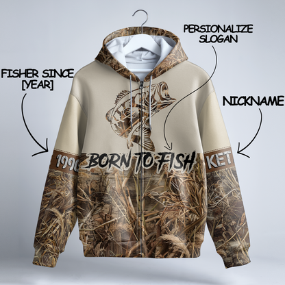 Bass Angler Personalized Waterfowl Camo Zip Hoodie
