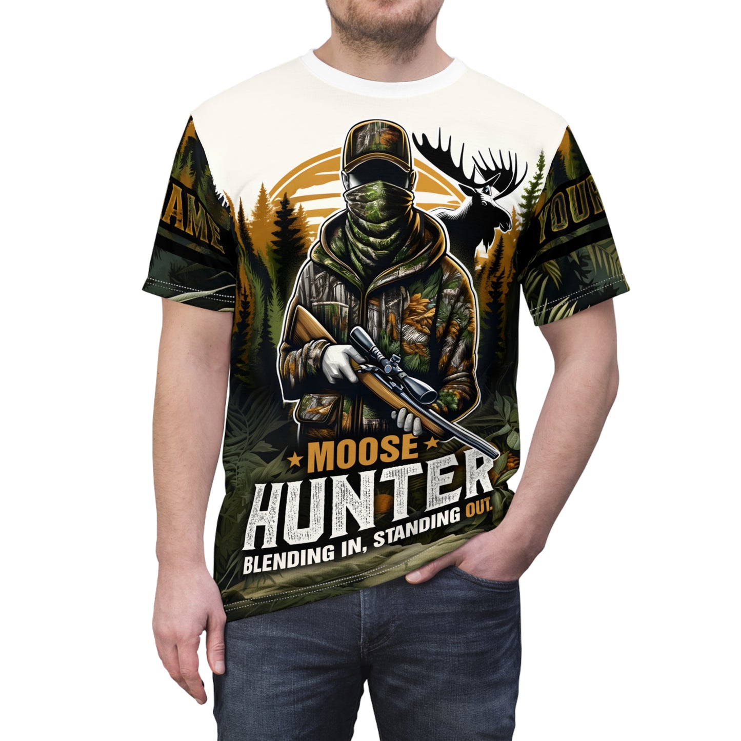 Moose Hunter Blending In Personalized Unisex Cut & Sew Tee