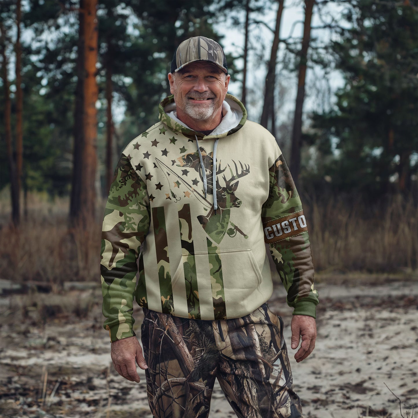 Personalized Camo Hunting Hoodie – Deer & Bass Edition