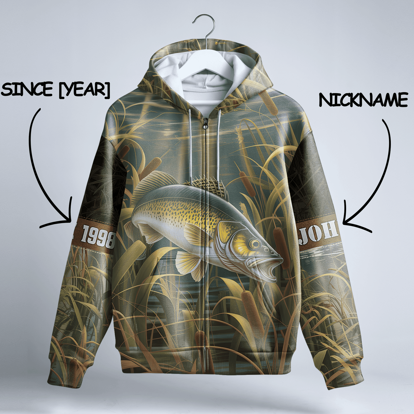Walleye Marsh Hunter Personalized Zip Hoodie