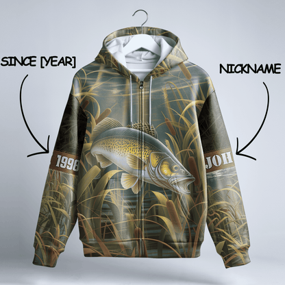Walleye Marsh Hunter Personalized Zip Hoodie