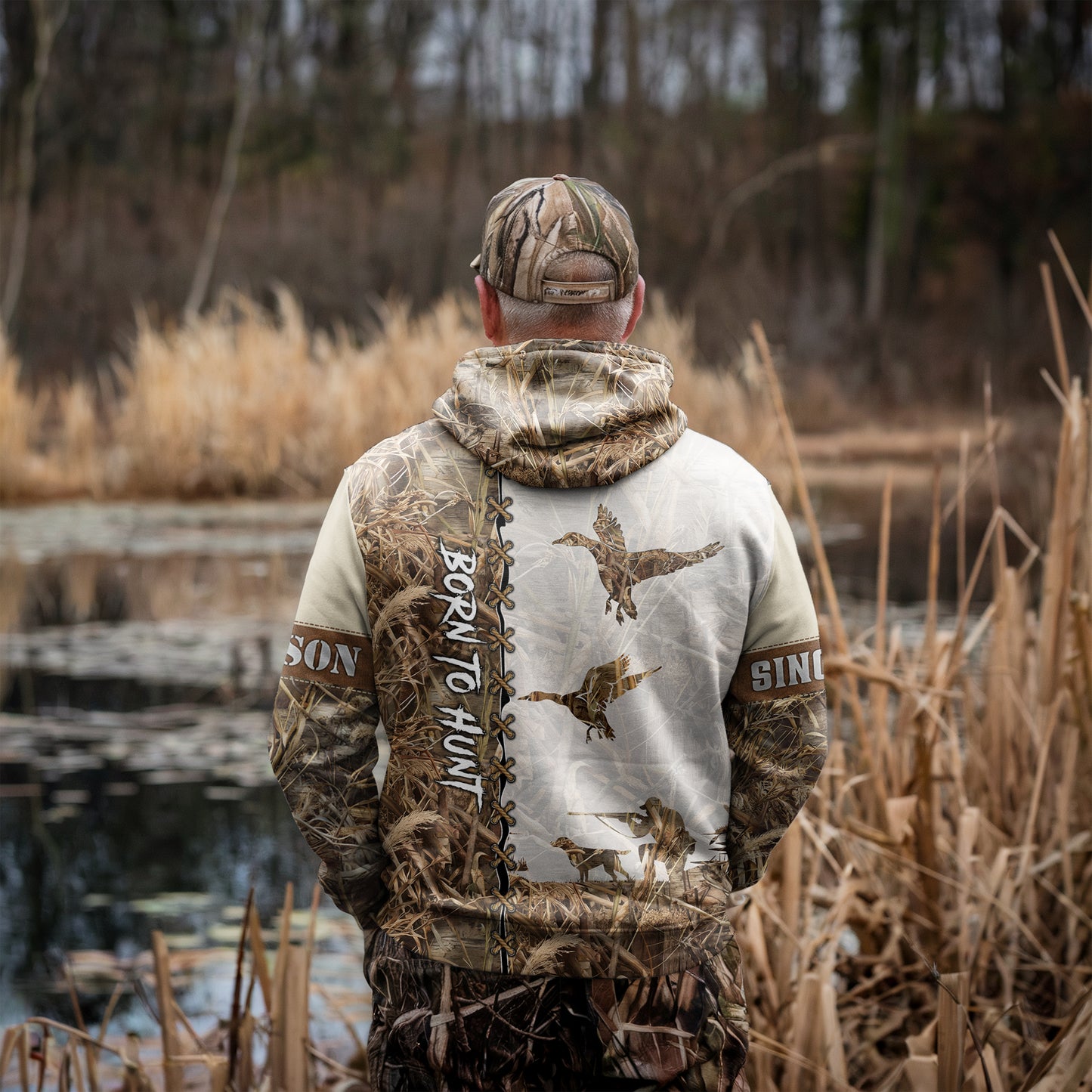 Personalized Waterfowl Hunting Camo Zip Hoodie - Born to Hunt