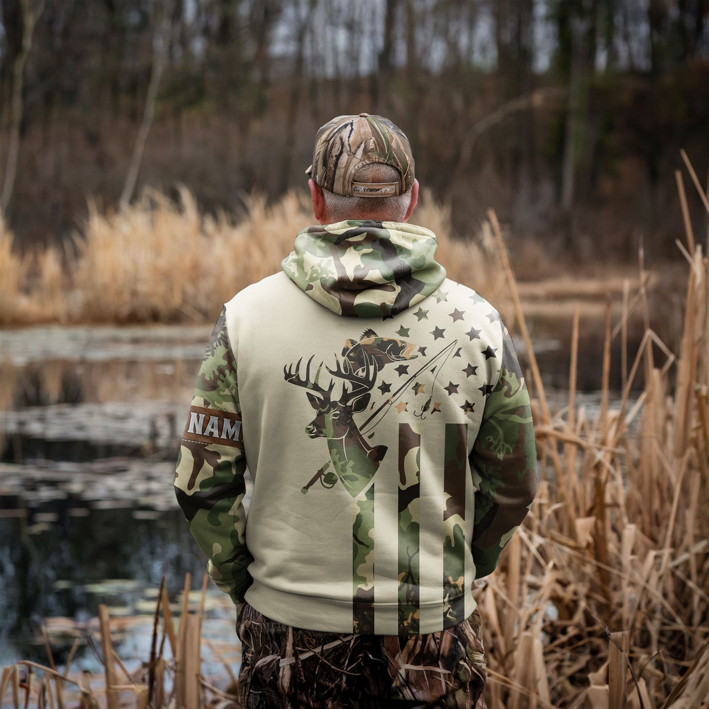 Personalized Camo Hunting Hoodie – Deer & Bass Edition