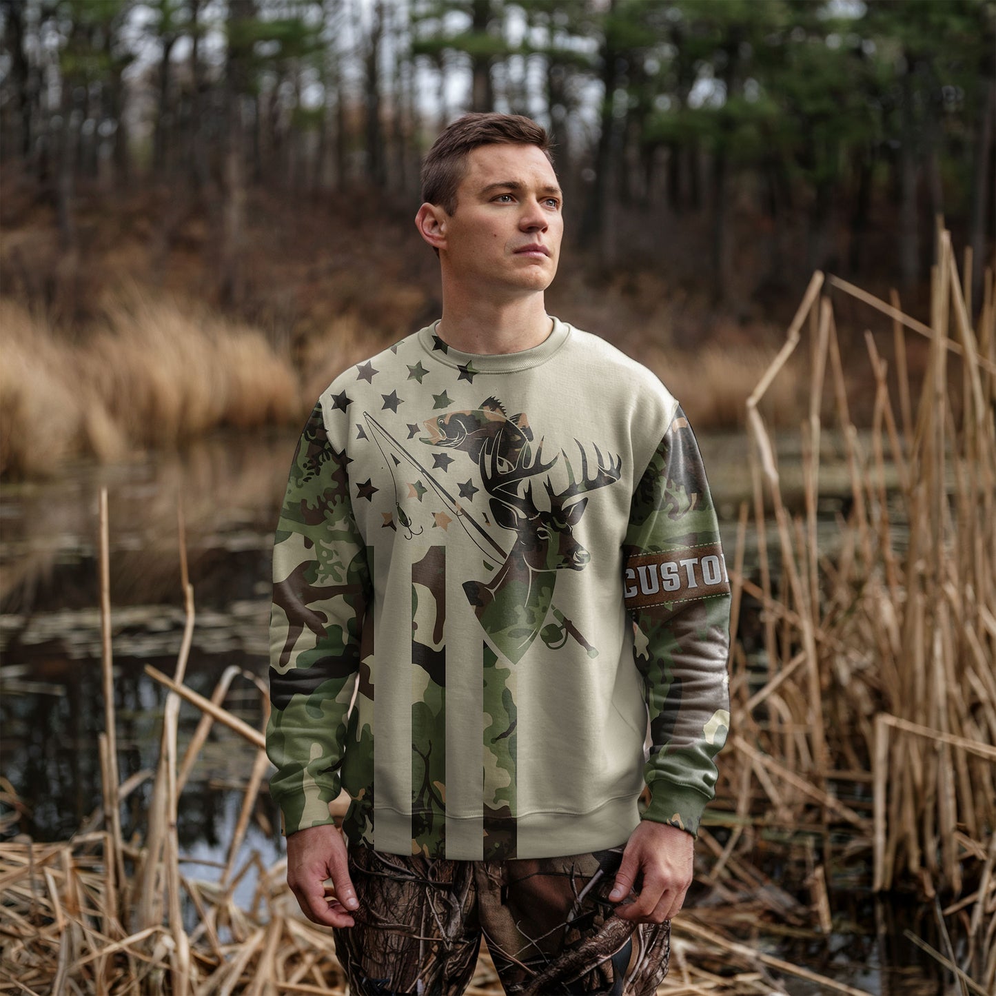 Camo Hunting & Fishing Sweatshirt – Customizable Deer & Bass Design