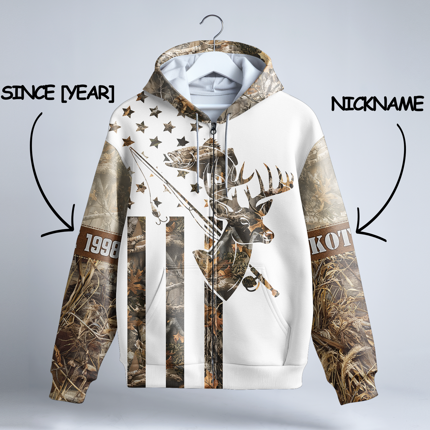 Deer & Bass Custom Camo Zip Hoodie – Built for the Outdoors