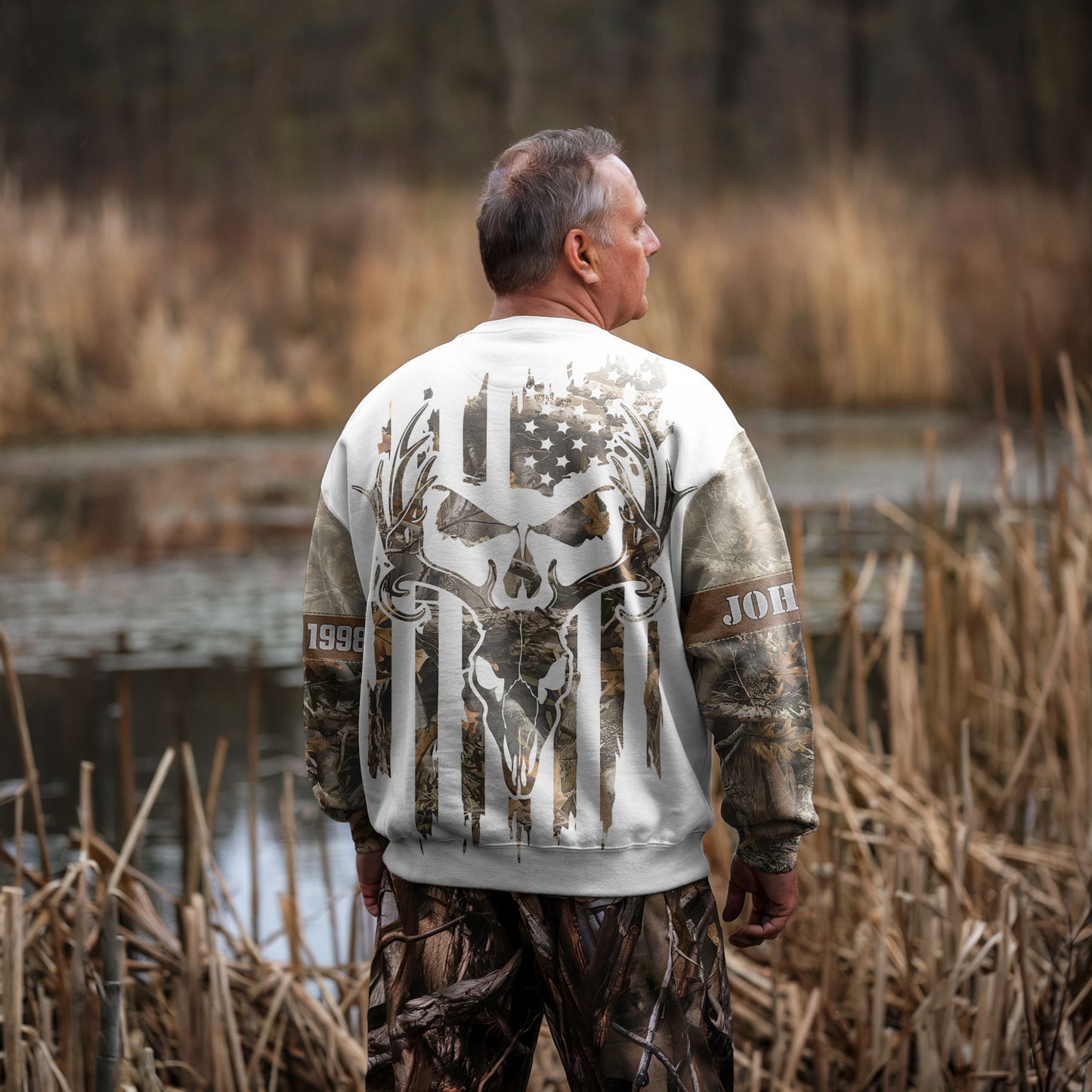 Deer Skull Camo Sweater - Personalized Born to Hunt US Flag Gear