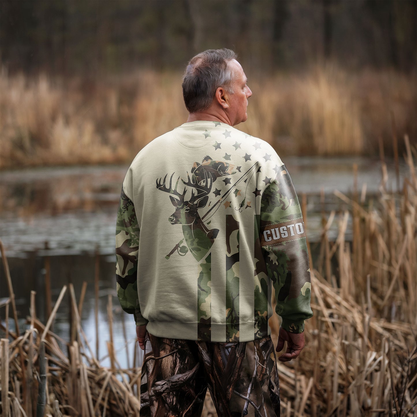 Camo Hunting & Fishing Sweatshirt – Customizable Deer & Bass Design