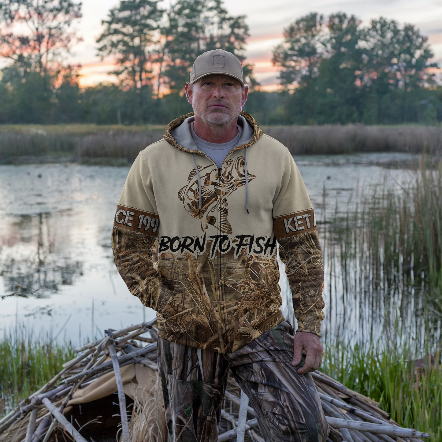 Bass Angler Personalized Waterfowl Camo Zip Hoodie