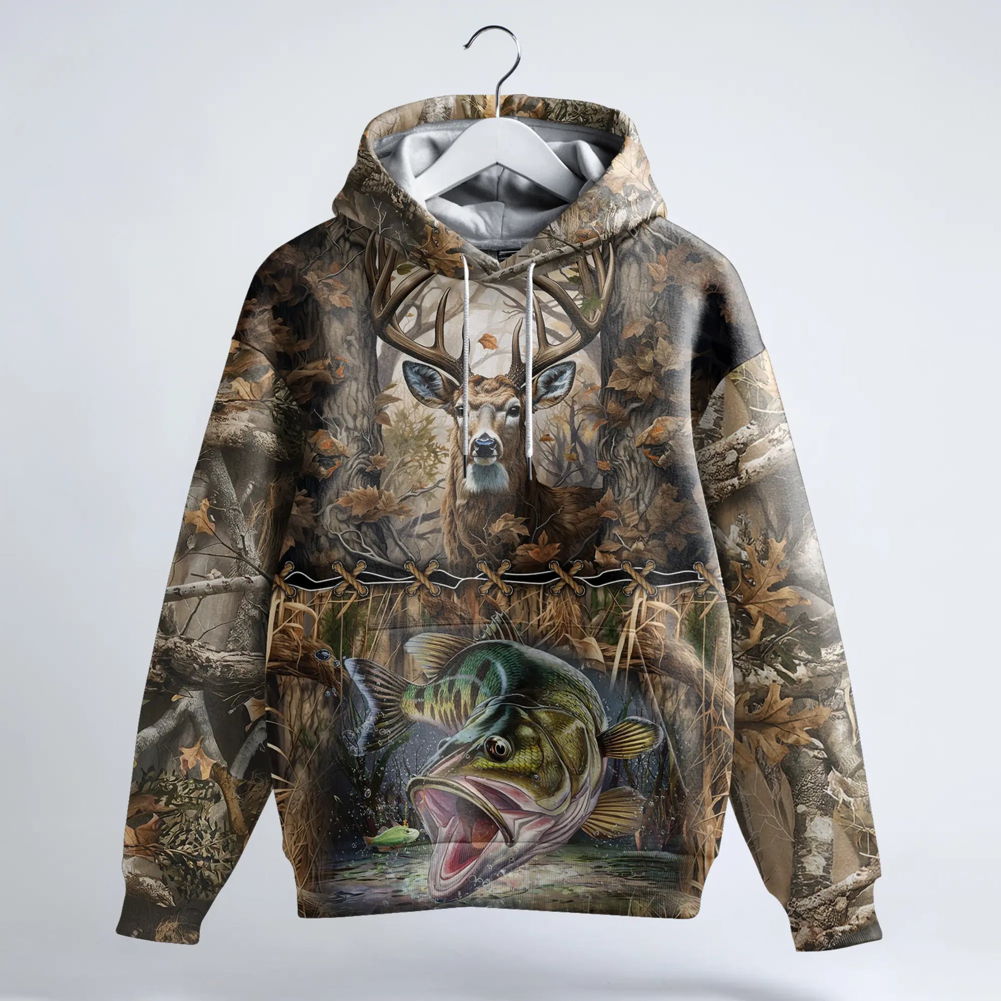 Wilderness Majesty: Deer & Bass Hunting Hoodie - The Deerly