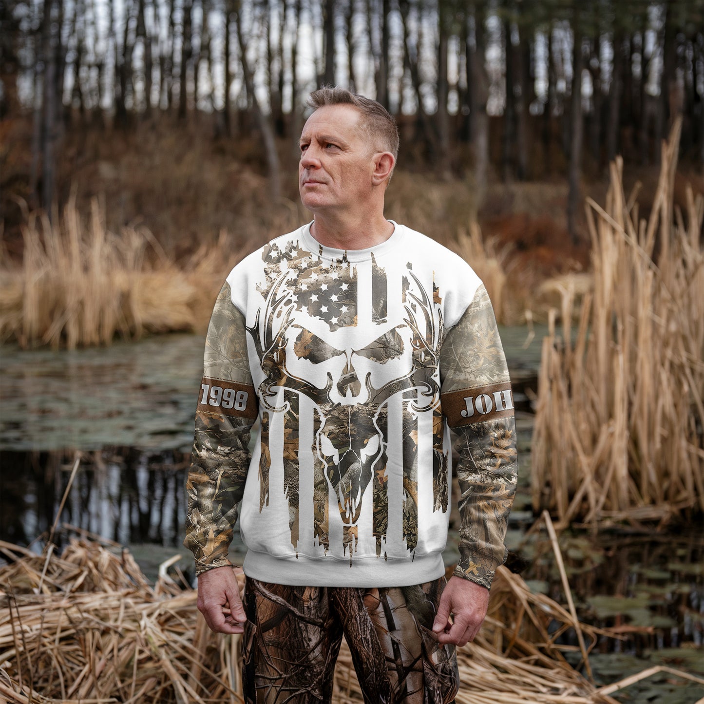 Deer Skull Camo Sweater - Personalized Born to Hunt US Flag Gear