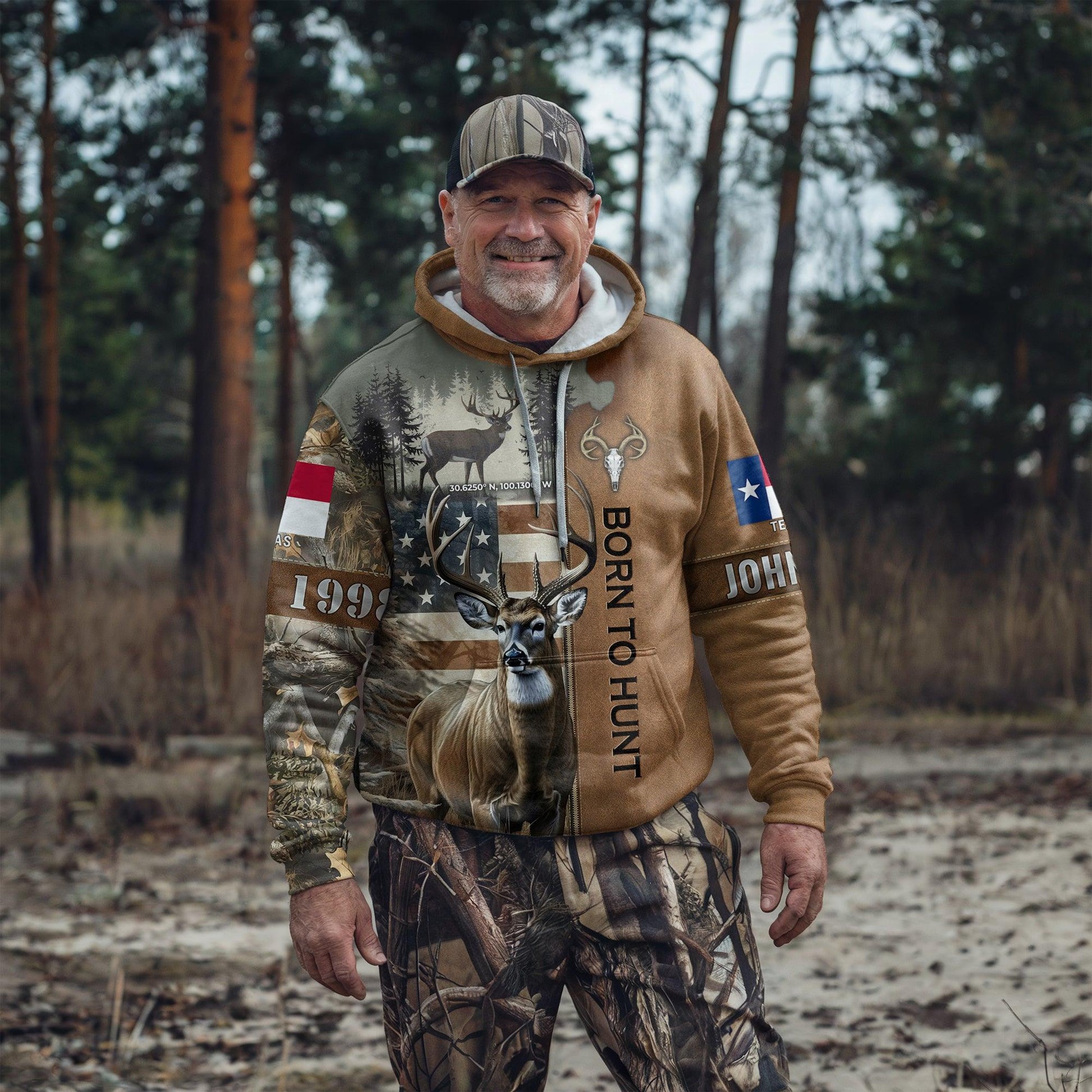 Born to Hunt: Personalized Deer Hunting Hoodie with Coordinates and State Flag - The Deerly