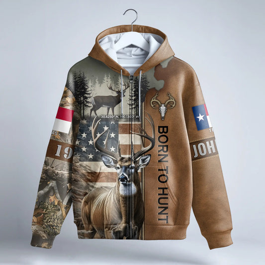 Born to Hunt: Personalized Deer Hunting Zip Hoodie with Coordinates and State Flag - The Deerly