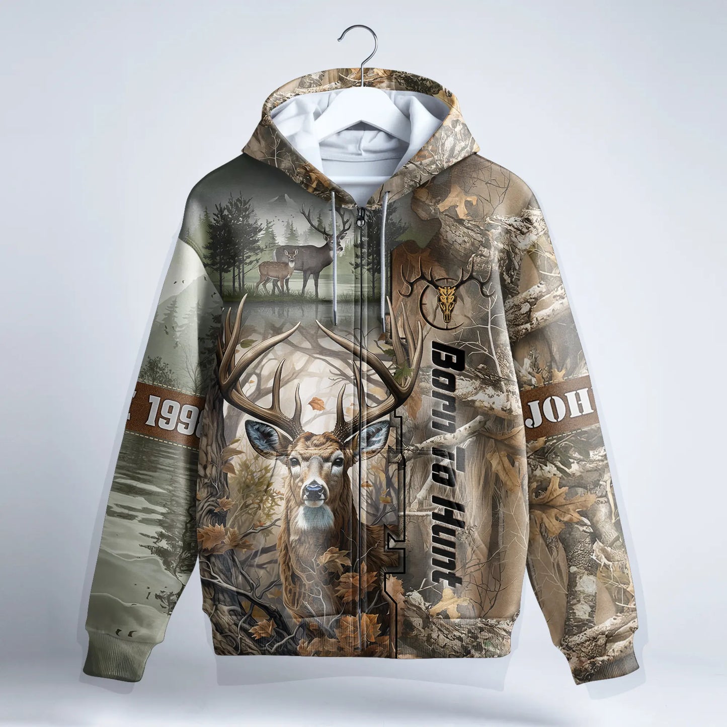 Born to Hunt: Woodland Deer Zip Hoodie Personalized - The Deerly