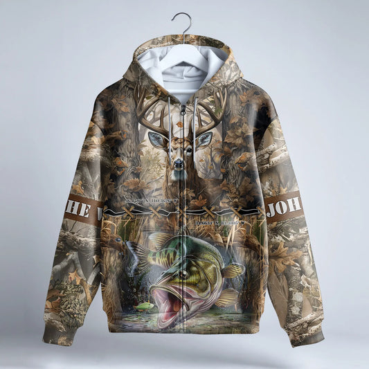 Dual Passion: Deer Hunting and Fishing Zip Hoodie Personalized - The Deerly