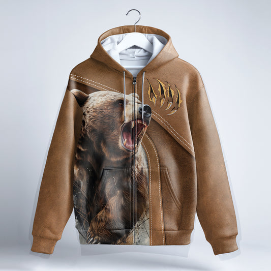 Wild Grizzly Bear Zip Hoodie - Roar of the Wilderness - The Deerly