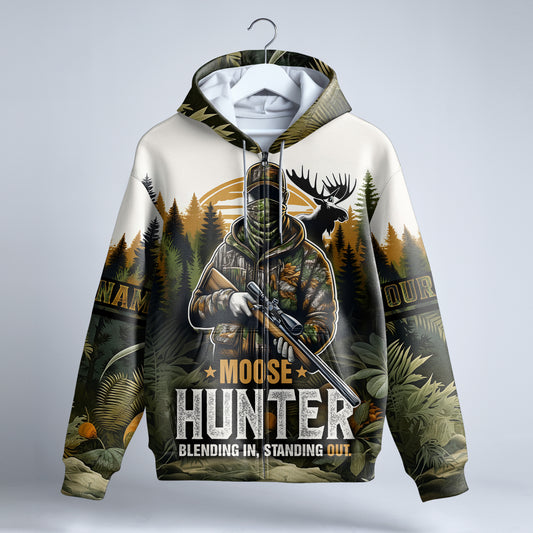 Moose Hunter Camo Zip Hoodie Personalized - The Deerly