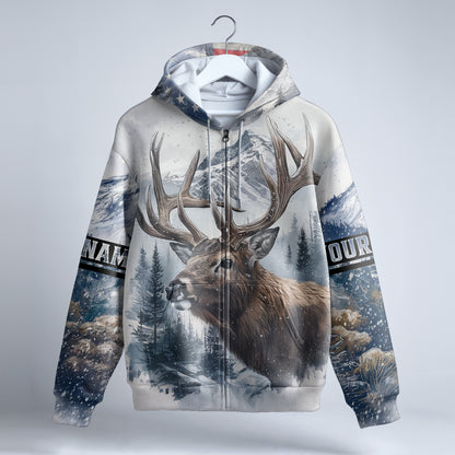 Winter Wilderness Deer Hunter Zip Hoodie Personalized - The Deerly