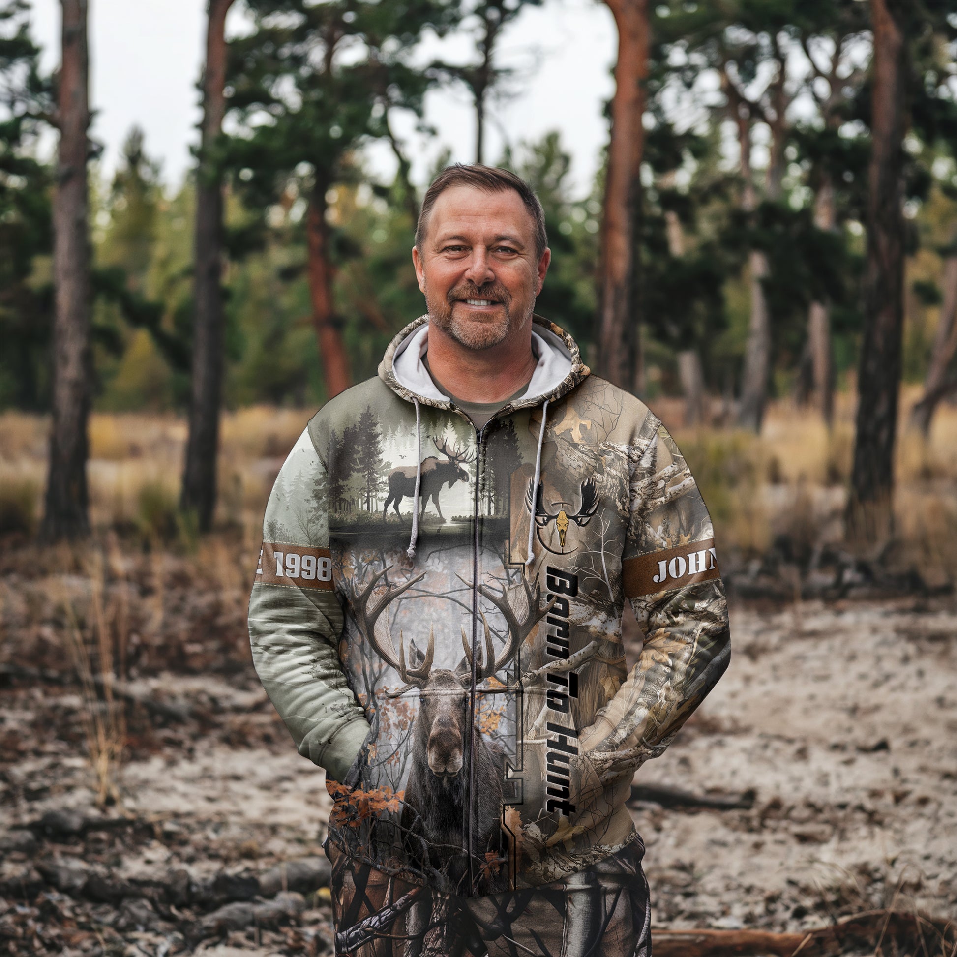 Born to Hunt: Majestic Moose Zip Hoodie Personalized - The Deerly