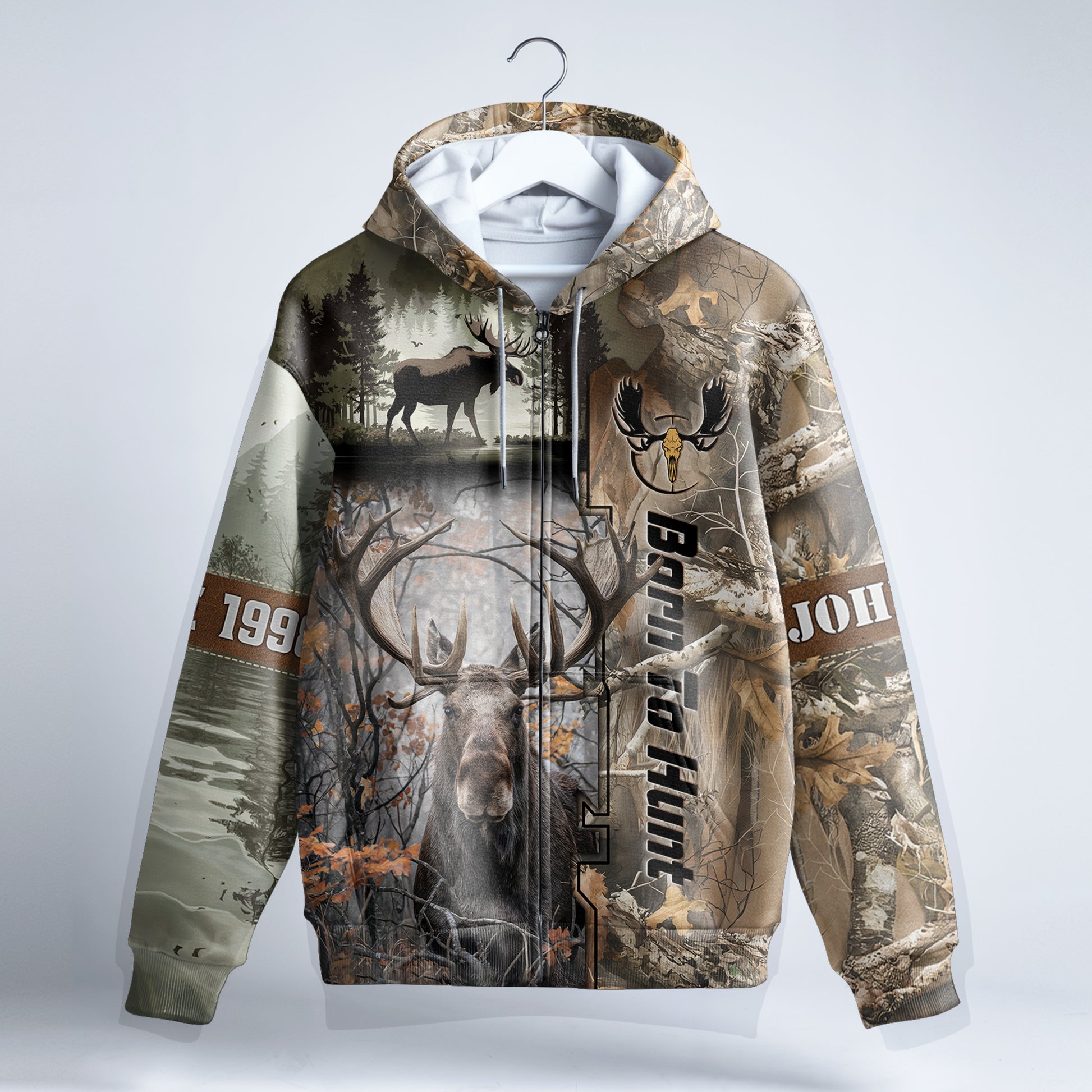 Born to Hunt: Majestic Moose Zip Hoodie Personalized - The Deerly