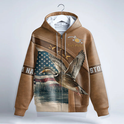 Patriotic Duck Hunting Zip Hoodie Personalized - The Deerly