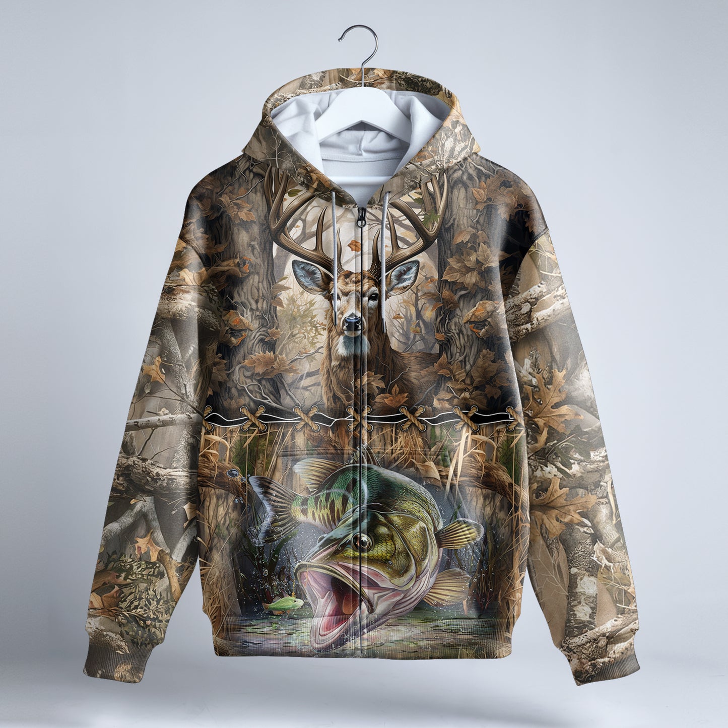 Wilderness Majesty: Deer & Bass Hunting Zip Hoodie