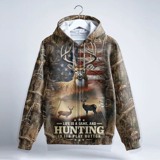 Life is a Game: American Deer Hunting Zip Hoodie - The Deerly