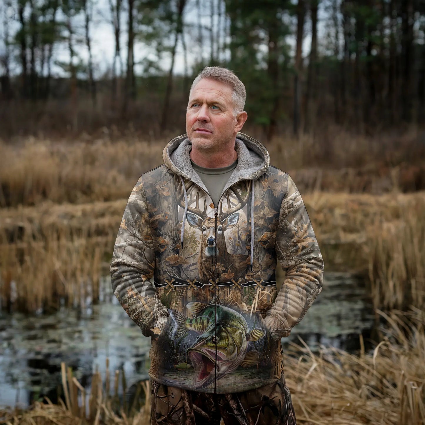 Wilderness Majesty: Deer & Bass Hunting Zip Hoodie - The Deerly