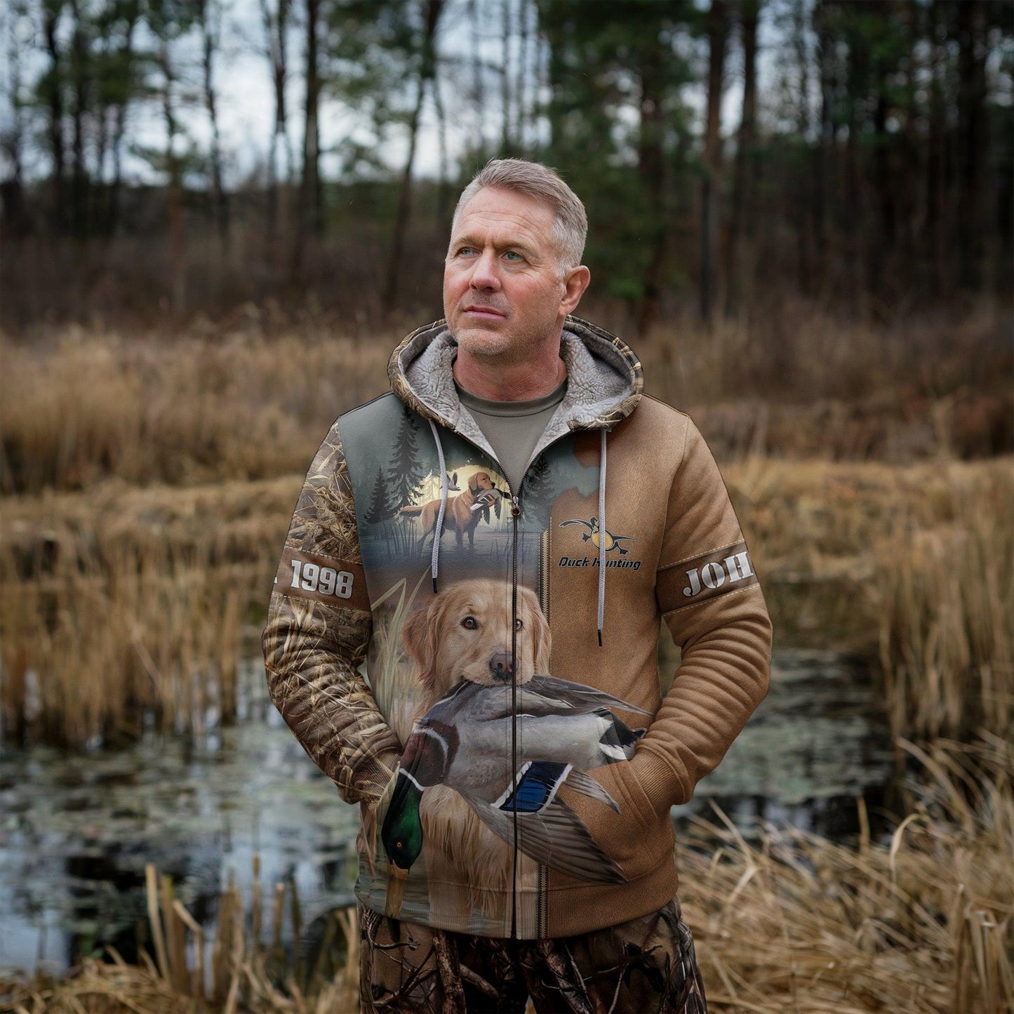 Golden Retriever Duck Hunter Zip Hoodie Personalized - The Deerly