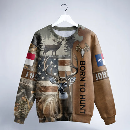 Born to Hunt: Personalized Deer Hunting Sweatshirt with Coordinates and State Flag - The Deerly