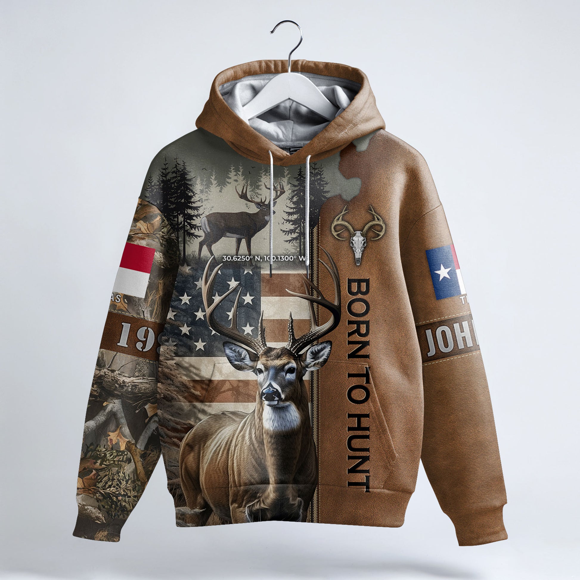 Born to Hunt: Personalized Deer Hunting Hoodie with Coordinates and State Flag - The Deerly