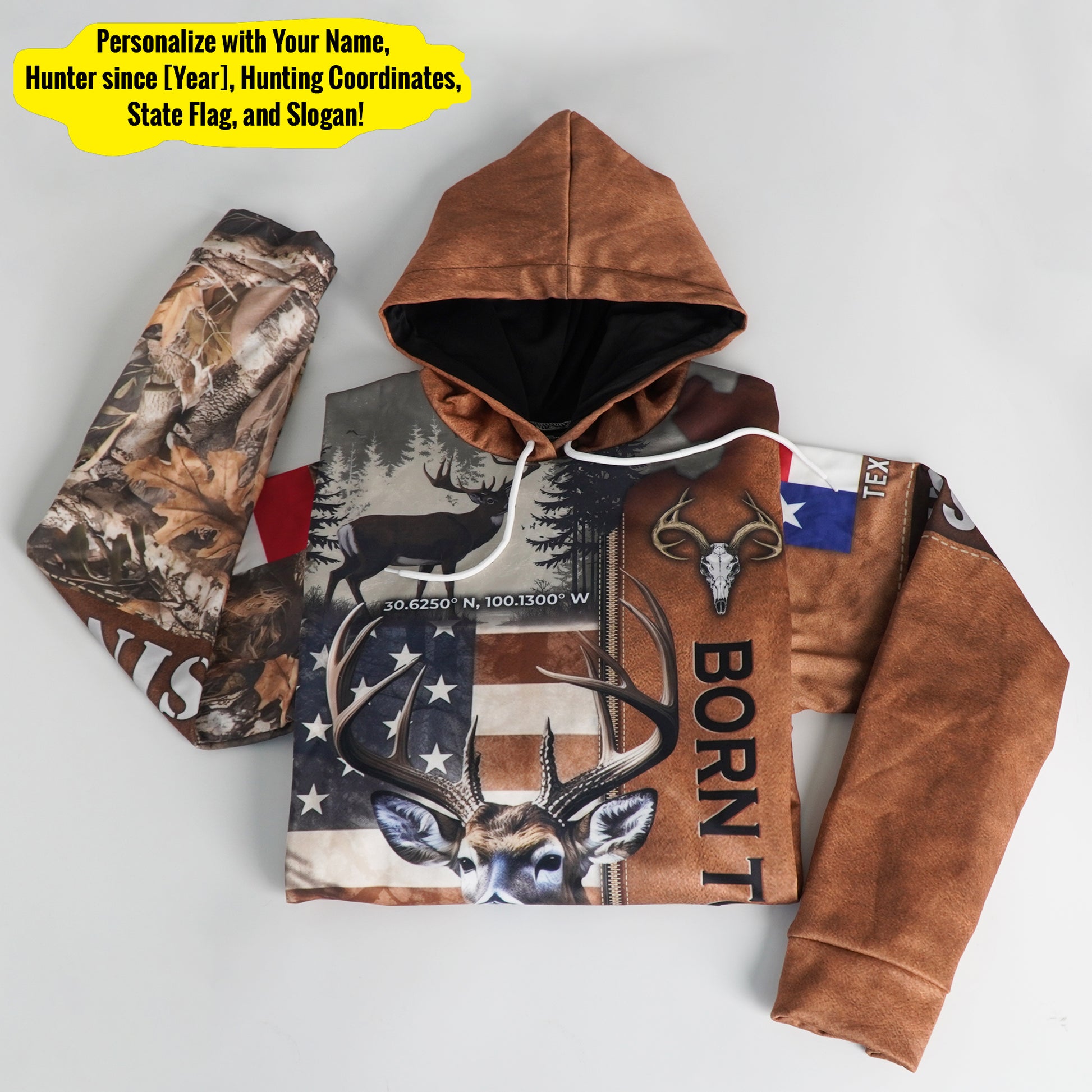 Born to Hunt: Personalized Deer Hunting Hoodie with Coordinates and State Flag - The Deerly