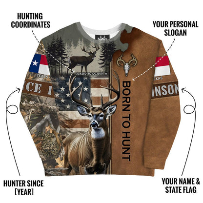 Born to Hunt: Personalized Deer Hunting Sweatshirt with Coordinates and State Flag - The Deerly