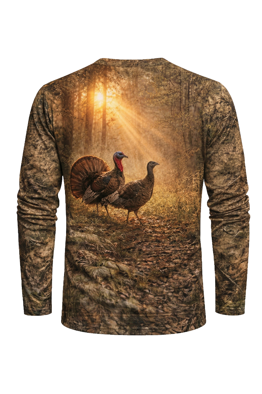 Long-sleeve shirt with a turkey design on the back against a white background