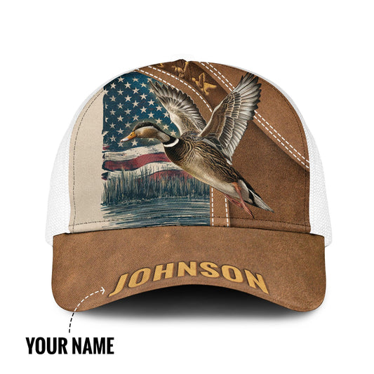 Personalized Duck Hunting American Flag Mesh Trucker Cap - The Deerly