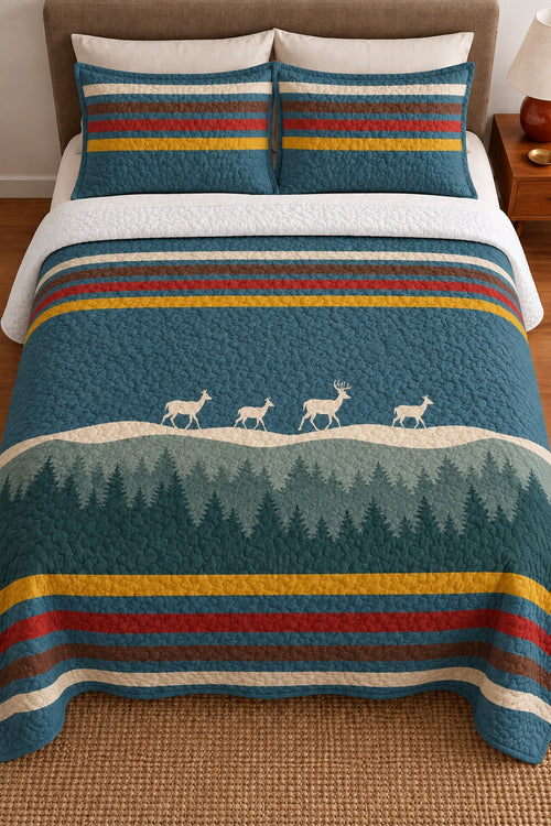 Teal Forest Whitetail Deer Quilt Set